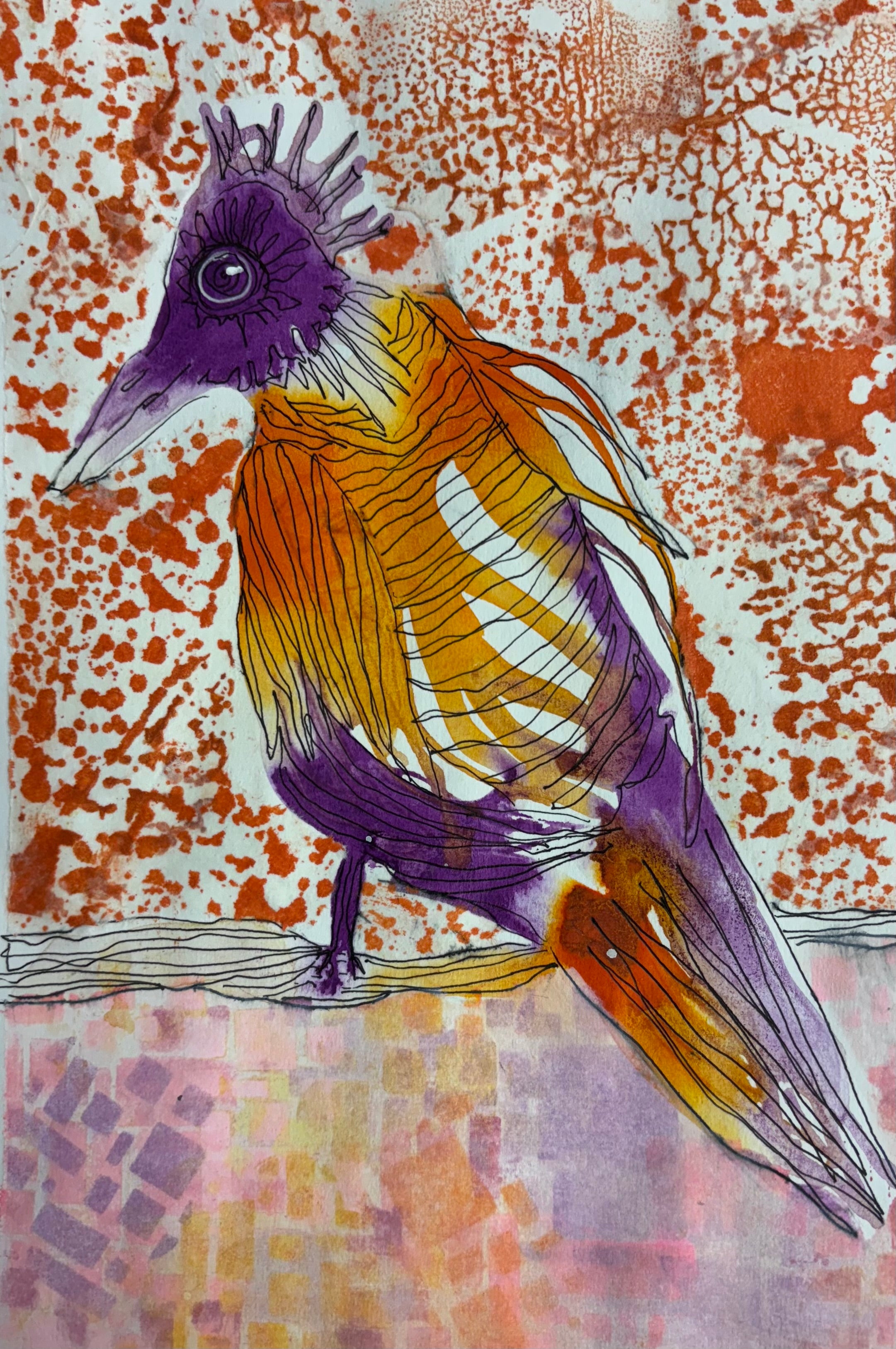 Purple and Orange Bird - Mixed Media Art Print by DAMFunArt