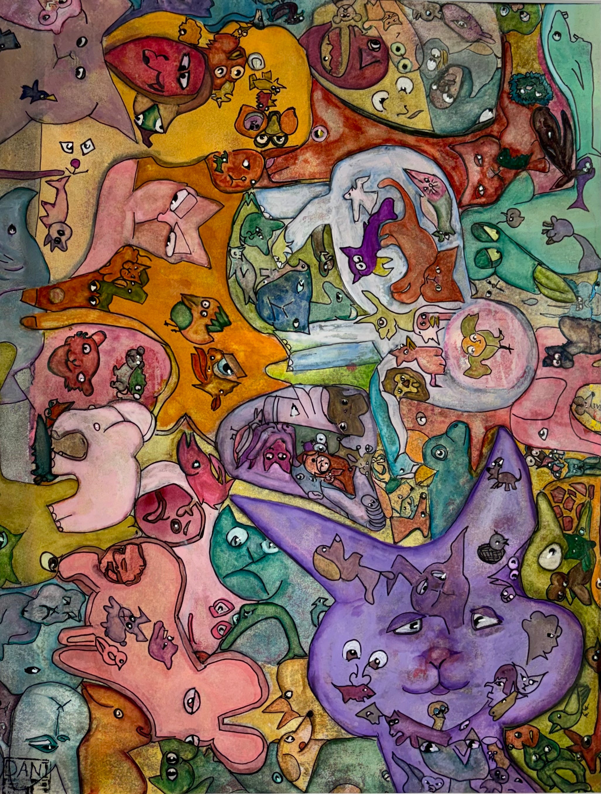 Purple Bunny's Big Party - Mixed Media Art Print - Mixed Media Art Print by DAMFunArt