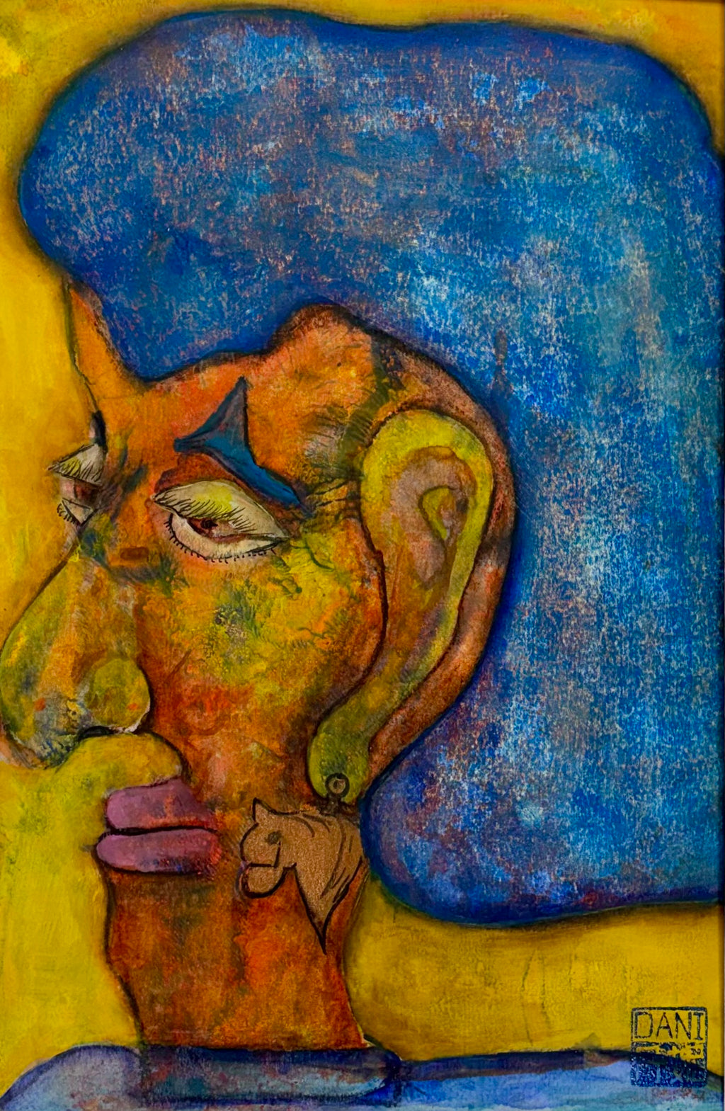 Blue Hair Hot Pink Lips - Original pareidolia gel plate art print by Dani Altieri Marinucci — DAMFunArt