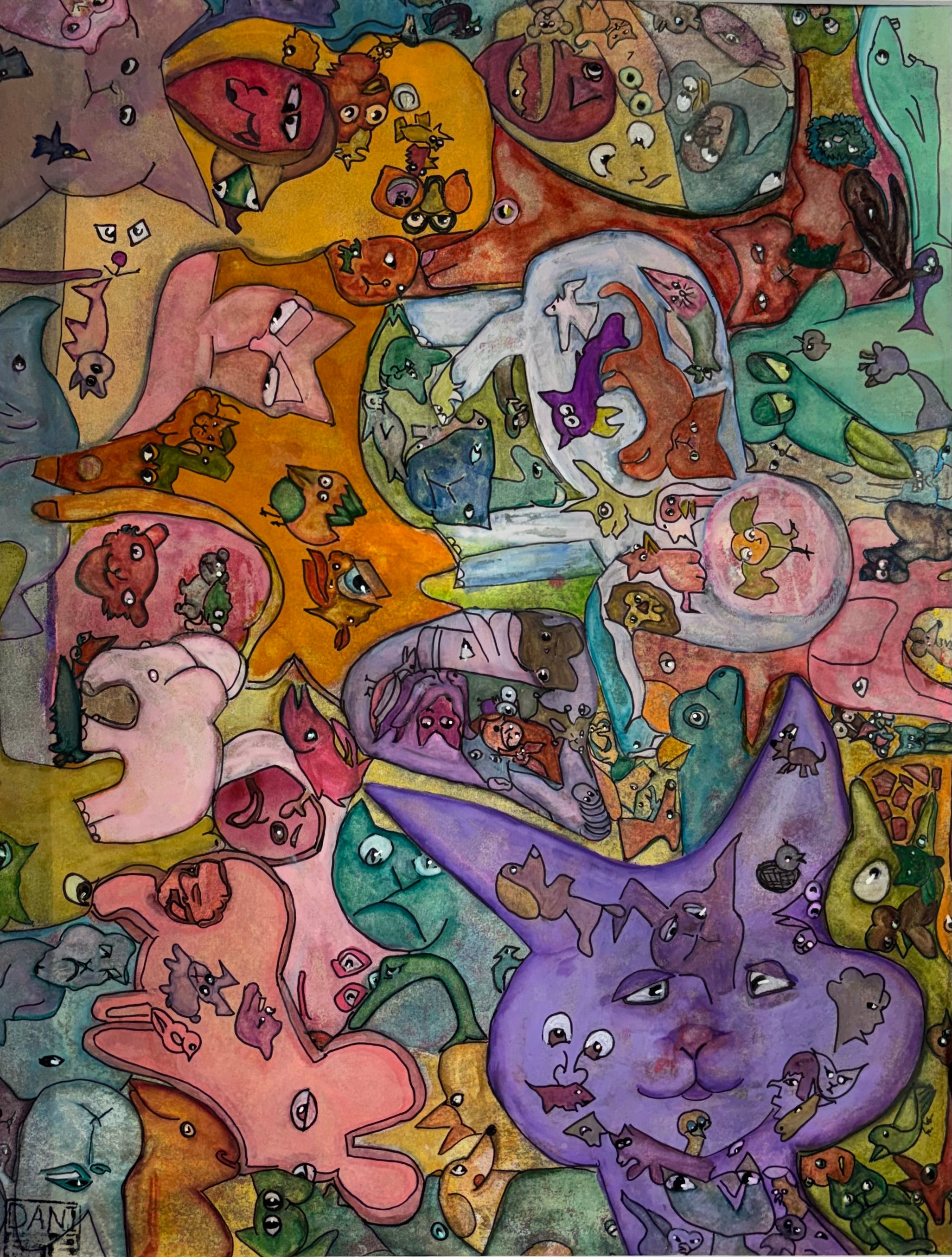 Purple Rabbit's Party - Mixed Media Art Print