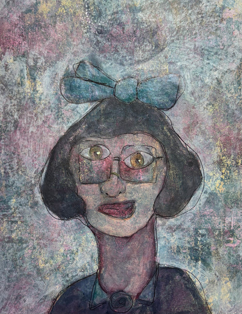 Blue Bow and Glasses - Mixed Media Art Print - Mixed Media Art Print by DAMFunArt